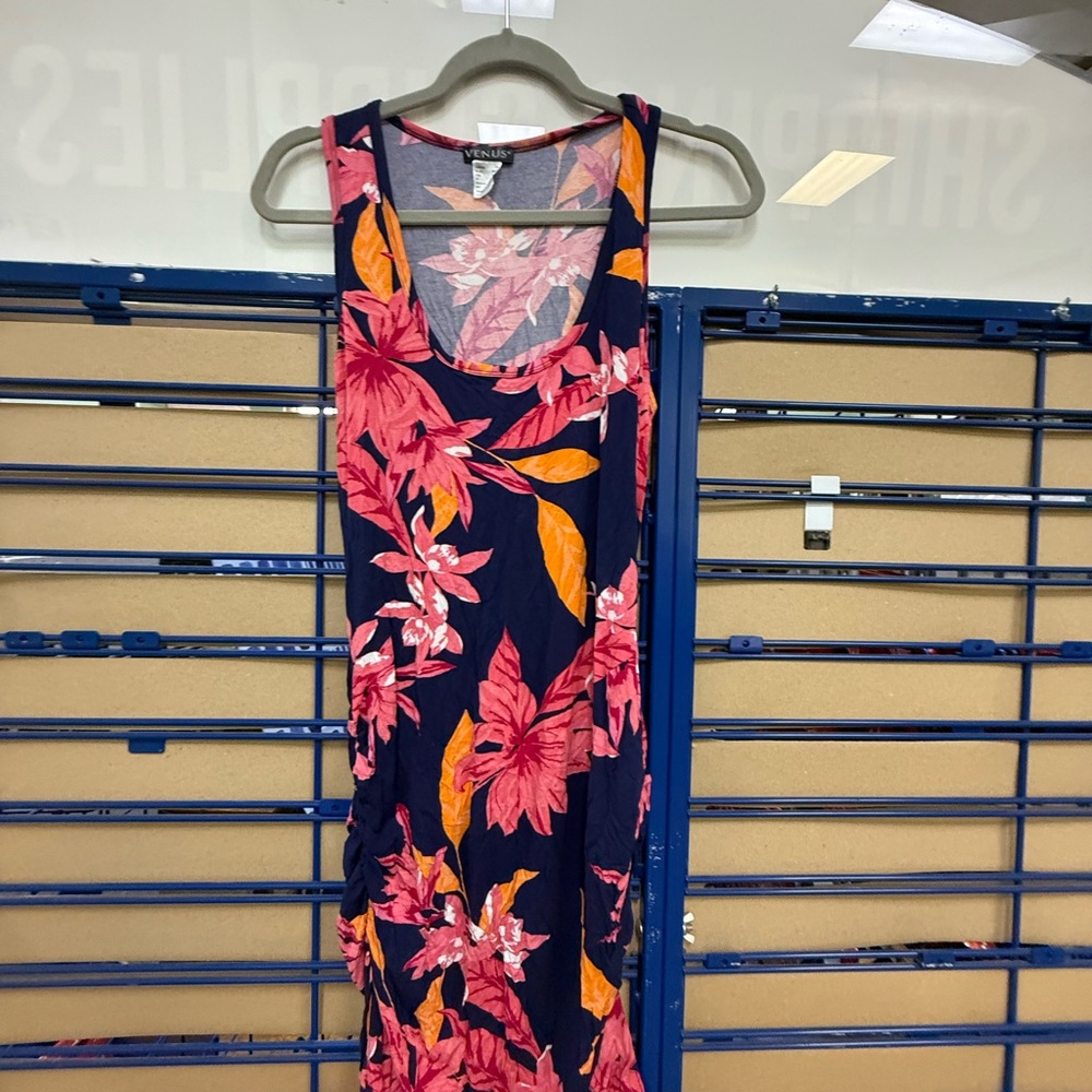 VENUS Navy and Pink Floral Midi Dress